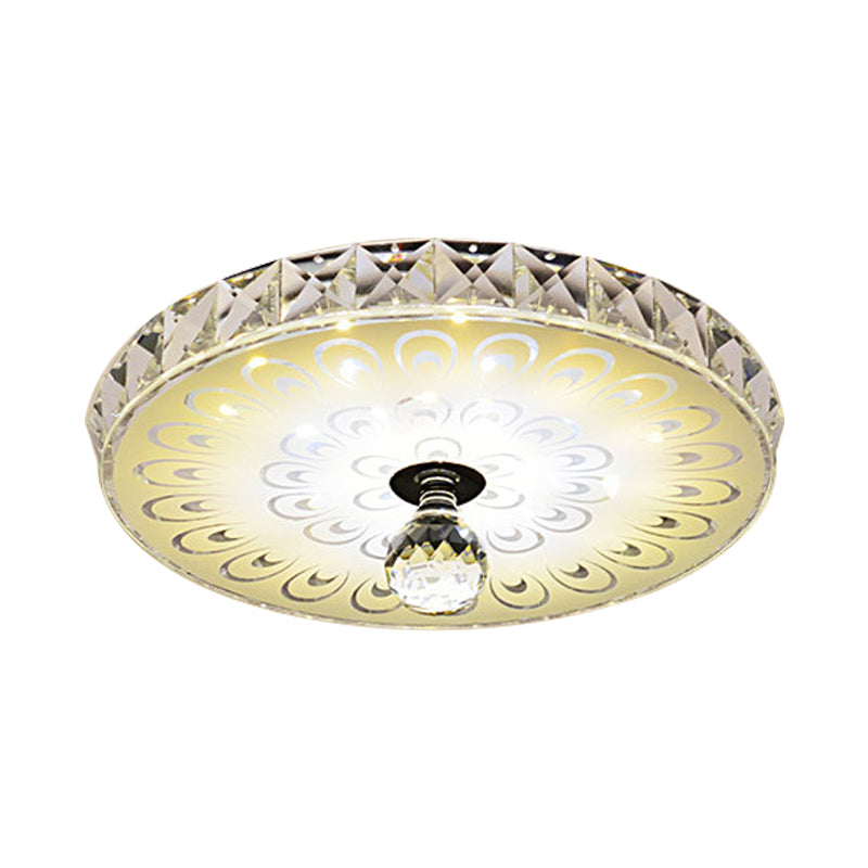 Round Flush Mount LED Crystal Ceiling Light in White with Peacock Tail Pattern - Warm/White Light