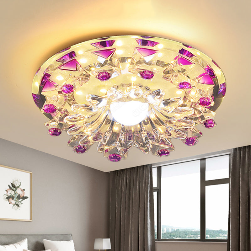 Modern Beveled Crystal Flower Flush Mount LED Ceiling Light Fixture in Purple - Perfect Hallway Lighting