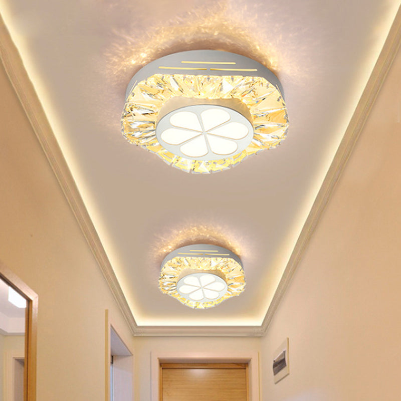 Contemporary LED Acrylic Flush Mount Ceiling Light - White Finish with Clear Crystal Flushmount