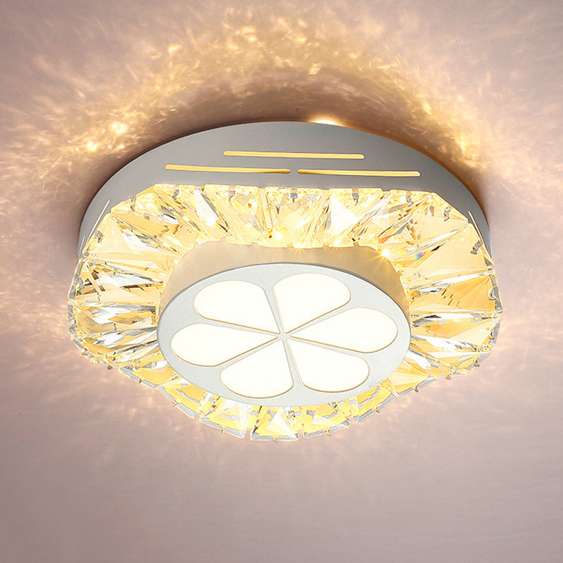Contemporary LED Acrylic Flush Mount Ceiling Light - White Finish with Clear Crystal Flushmount