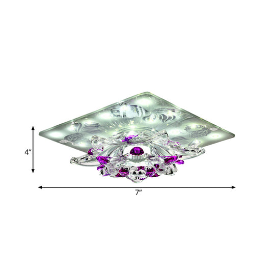 Minimal Clear Crystal Led Flush-Mount Porch Ceiling Lamp In Rose Red With Warm/White Light