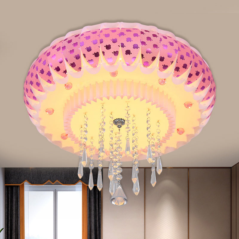 Modern Led Crystal Flush Mount Ceiling Light With Pink Drum Shade Perfect For Living Rooms / A