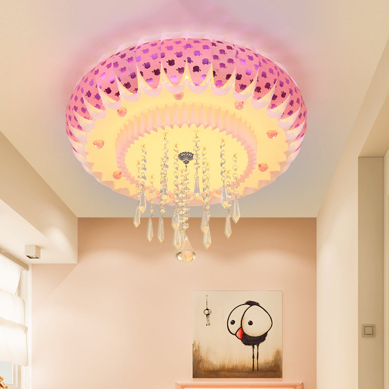 Modern LED Crystal Flush Mount Ceiling Light with Pink Drum Shade, Perfect for Living Rooms