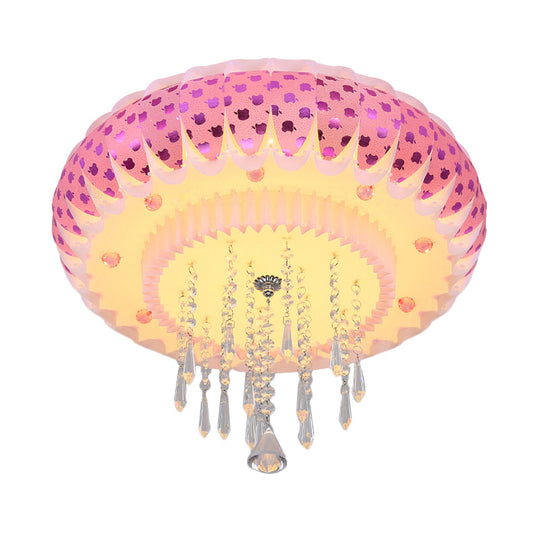 Modern Led Crystal Flush Mount Ceiling Light With Pink Drum Shade Perfect For Living Rooms