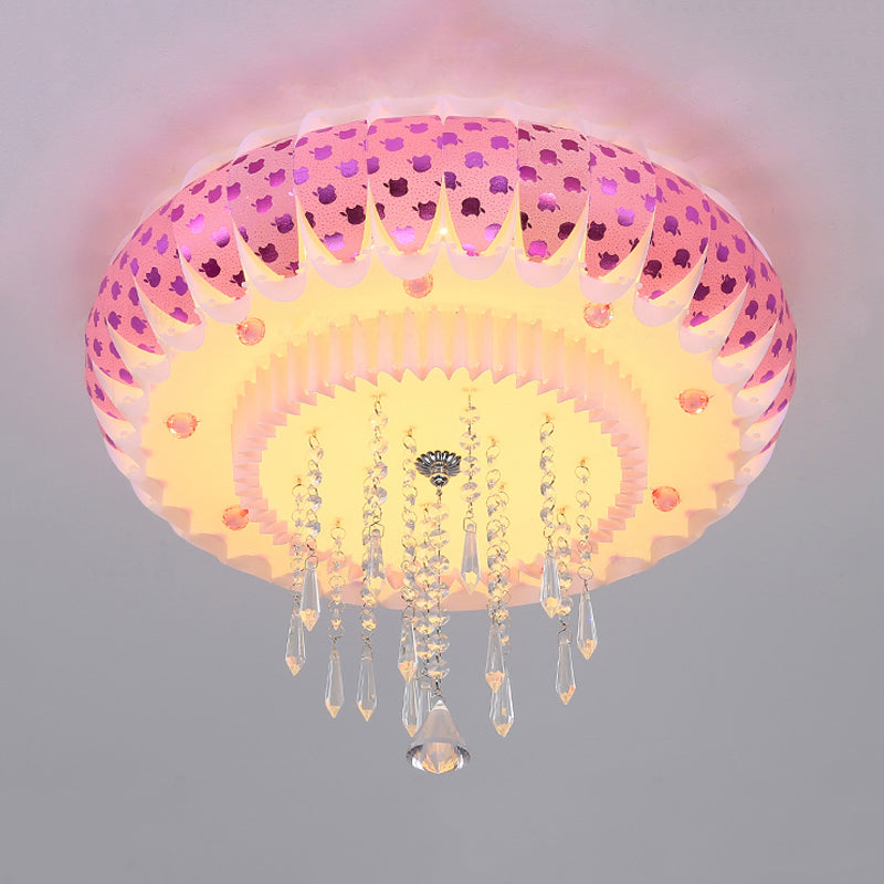 Modern LED Crystal Flush Mount Ceiling Light with Pink Drum Shade, Perfect for Living Rooms