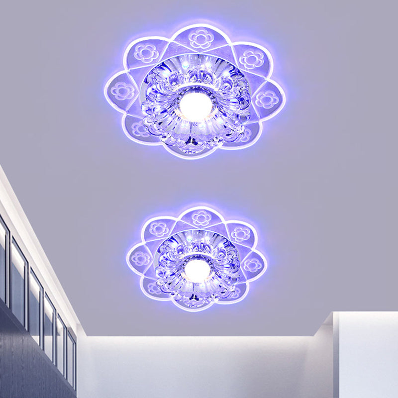 Simplicity Corridor LED Ceiling Flush Light with Clear Crystal Shade in Warm/Blue/Pink Light