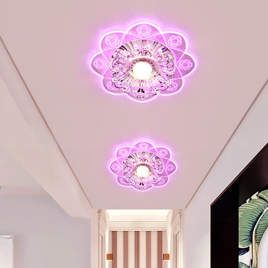 Simplicity Corridor LED Ceiling Flush Light with Clear Crystal Shade in Warm/Blue/Pink Light