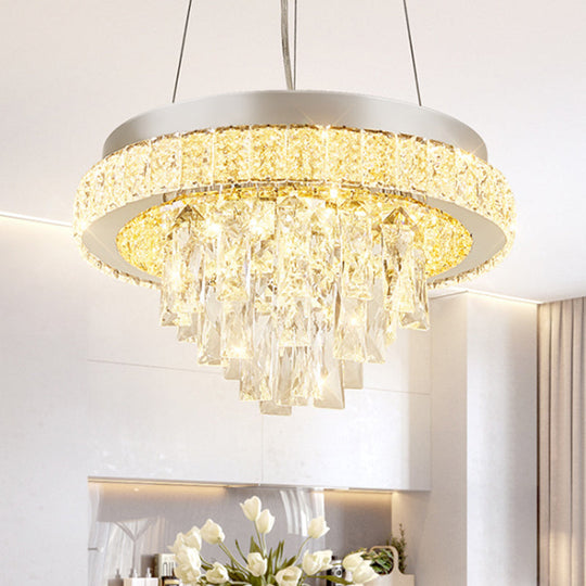 Modern LED Crystal Ceiling Light Fixture with Cascading Facets in Chrome Hoop Design