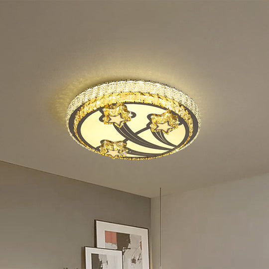 Simple Style 2-Tier Round Led Flush Ceiling Light With White Faceted Crystal Star Design