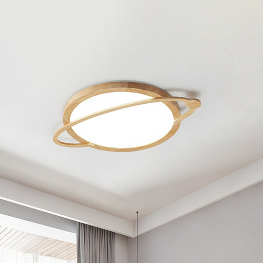 Saturn Flush Mount Kids LED Ceiling Light - Wood Finish, Acrylic Shade - Ideal for Bedrooms
