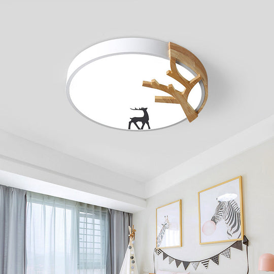 Contemporary LED Acrylic Drum Flush Mount Lighting - Green/White/Gray Ceiling Light with Deer Decoration