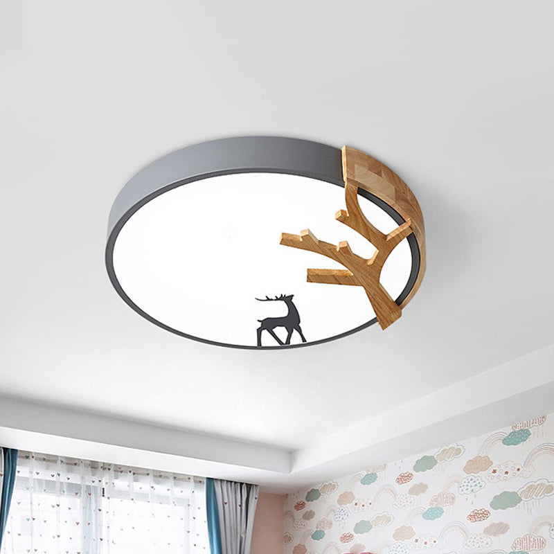 Contemporary LED Acrylic Drum Flush Mount Lighting - Green/White/Gray Ceiling Light with Deer Decoration