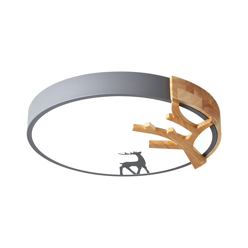 Contemporary LED Acrylic Drum Flush Mount Lighting - Green/White/Gray Ceiling Light with Deer Decoration