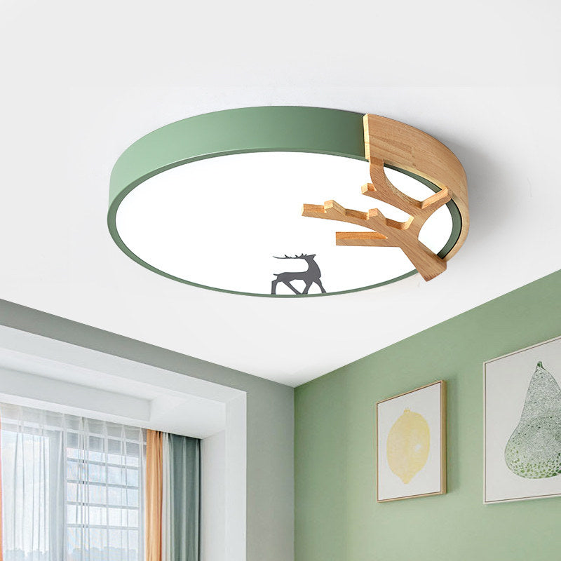 Contemporary LED Acrylic Drum Flush Mount Lighting - Green/White/Gray Ceiling Light with Deer Decoration