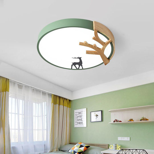Contemporary LED Acrylic Drum Flush Mount Lighting - Green/White/Gray Ceiling Light with Deer Decoration