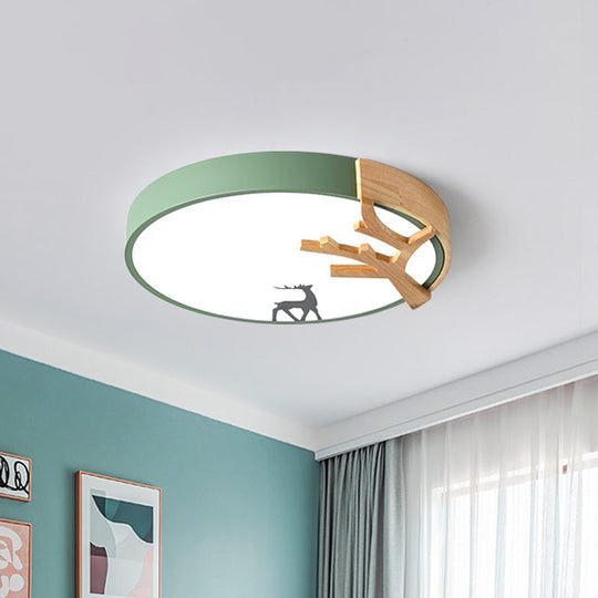 Contemporary LED Acrylic Drum Flush Mount Lighting - Green/White/Gray Ceiling Light with Deer Decoration