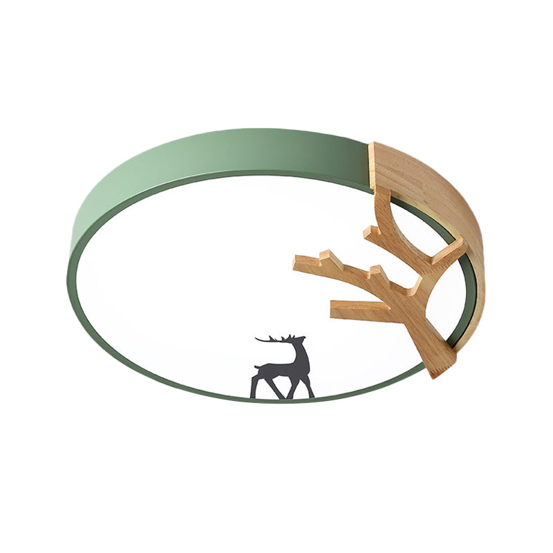 Contemporary LED Acrylic Drum Flush Mount Lighting - Green/White/Gray Ceiling Light with Deer Decoration