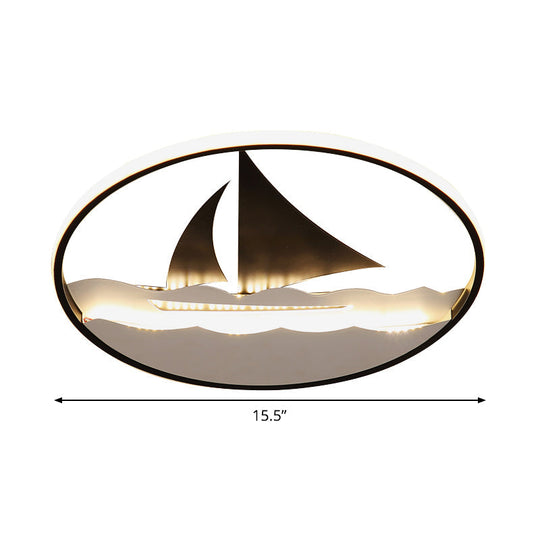 Black Sailboat Flushmount Lamp For Kids Rooms - Ocean-Themed Led Fixture