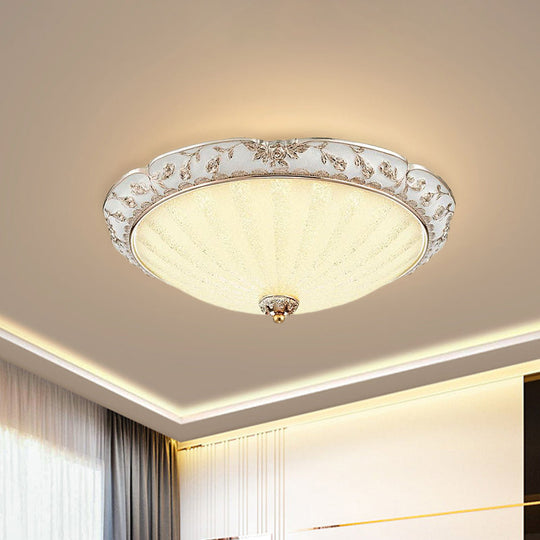 Traditional White Glass LED Flush Mount with Carved Trim – Bowl-Shaped Bedroom Beige Flushmount