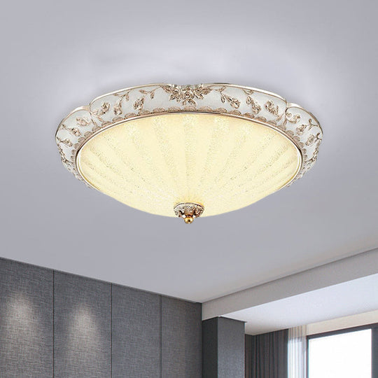 Traditional White Glass LED Flush Mount with Carved Trim – Bowl-Shaped Bedroom Beige Flushmount
