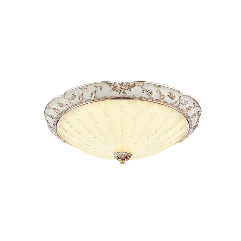 Traditional White Glass LED Flush Mount with Carved Trim – Bowl-Shaped Bedroom Beige Flushmount