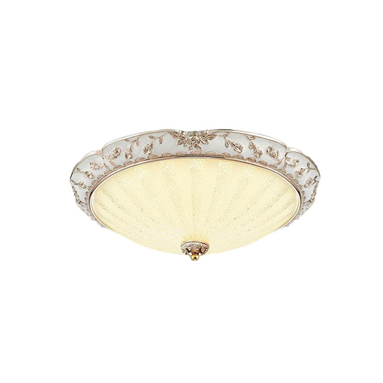 Traditional White Glass LED Flush Mount with Carved Trim – Bowl-Shaped Bedroom Beige Flushmount
