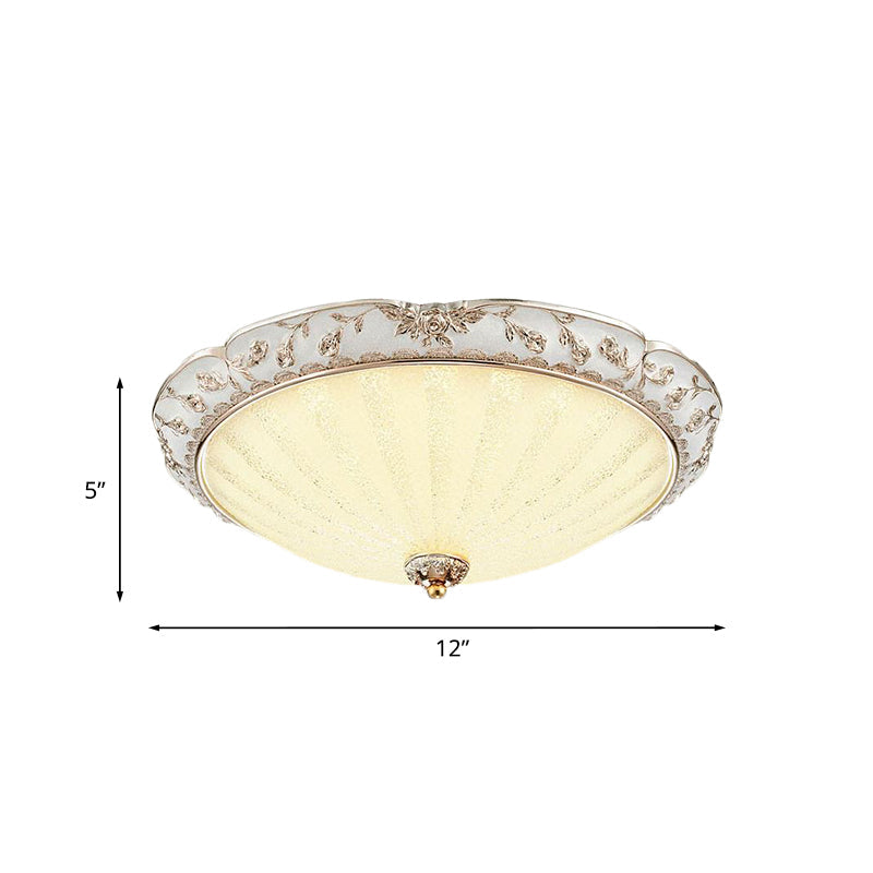 Traditional White Glass LED Flush Mount with Carved Trim – Bowl-Shaped Bedroom Beige Flushmount