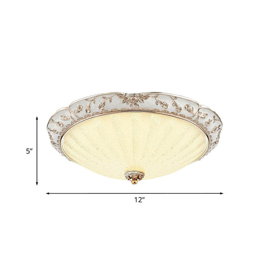 Traditional White Glass LED Flush Mount with Carved Trim – Bowl-Shaped Bedroom Beige Flushmount