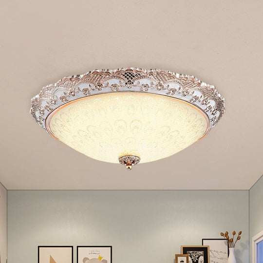 Traditional White Glass LED Flush Mount with Carved Trim – Bowl-Shaped Bedroom Beige Flushmount