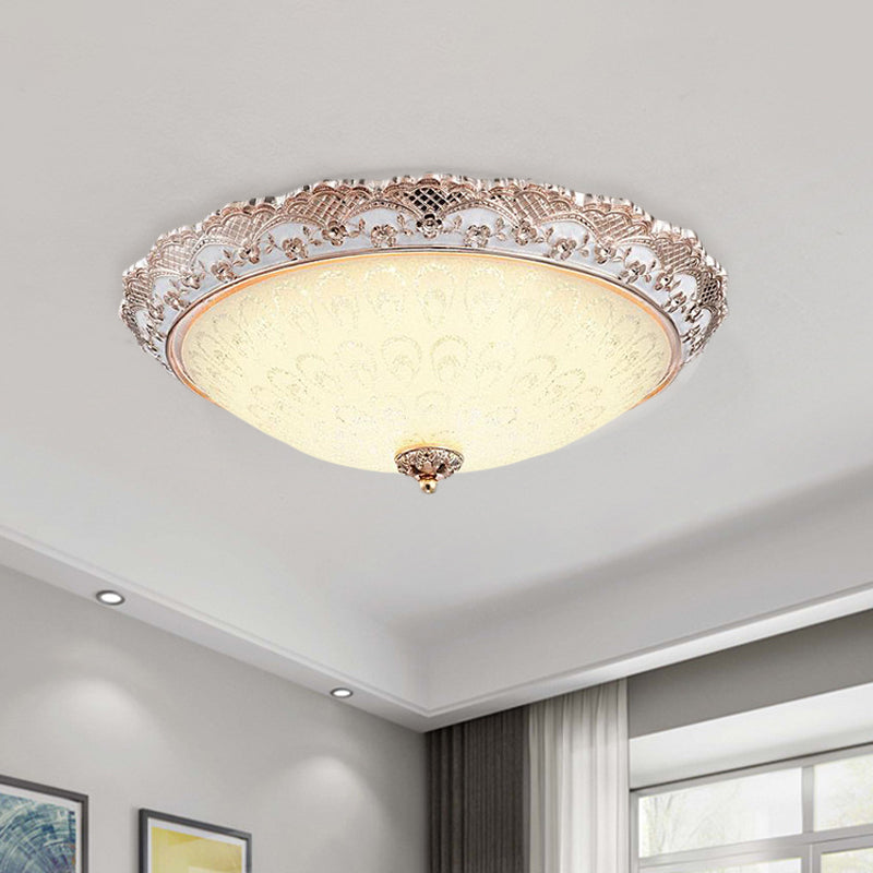 Traditional White Glass LED Flush Mount with Carved Trim – Bowl-Shaped Bedroom Beige Flushmount