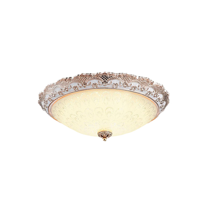 Traditional White Glass LED Flush Mount with Carved Trim – Bowl-Shaped Bedroom Beige Flushmount