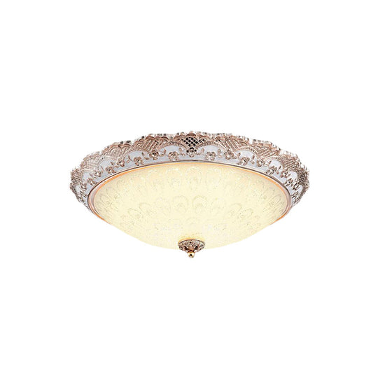 Traditional White Glass LED Flush Mount with Carved Trim – Bowl-Shaped Bedroom Beige Flushmount