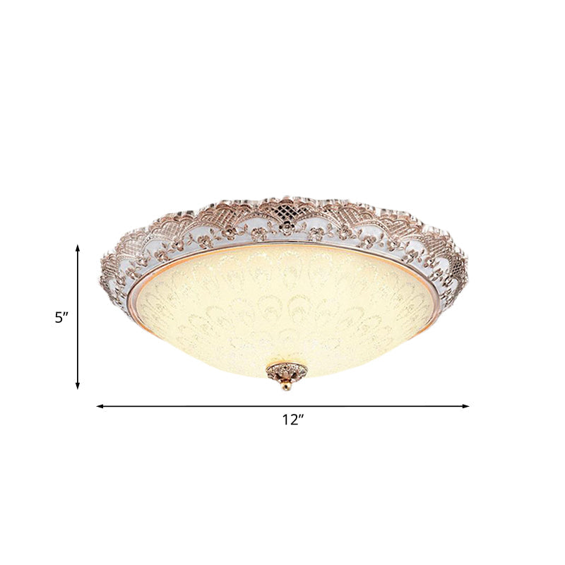 Traditional White Glass LED Flush Mount with Carved Trim – Bowl-Shaped Bedroom Beige Flushmount