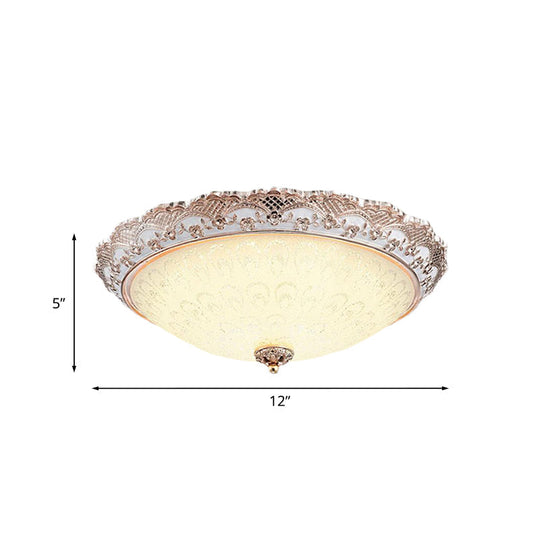 Traditional White Glass LED Flush Mount with Carved Trim – Bowl-Shaped Bedroom Beige Flushmount