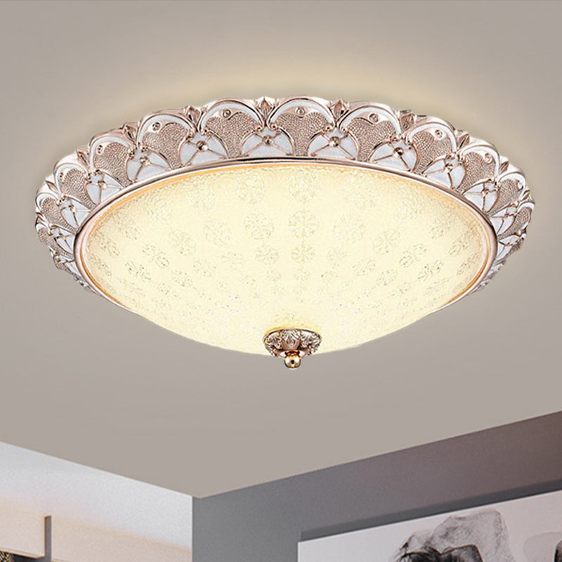 Traditional White Glass Led Flush Mount With Carved Trim Bowl-Shaped Bedroom Beige Flushmount / B