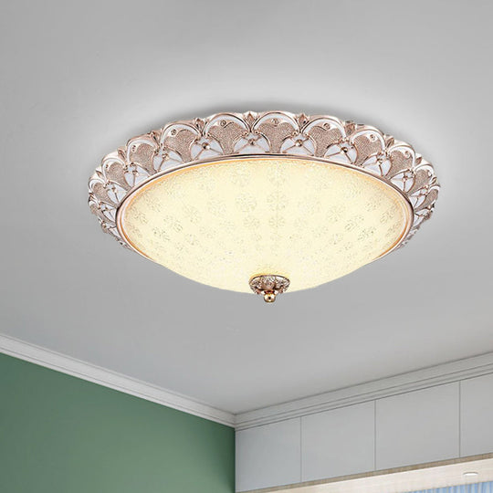 Traditional White Glass LED Flush Mount with Carved Trim – Bowl-Shaped Bedroom Beige Flushmount