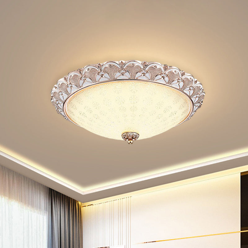 Traditional White Glass Led Flush Mount With Carved Trim Bowl-Shaped Bedroom Beige Flushmount