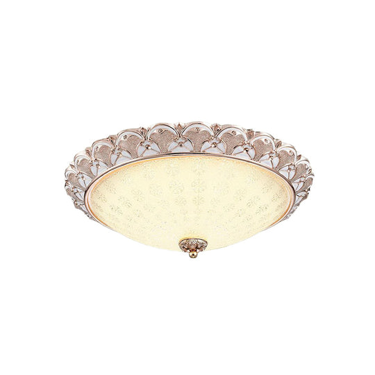 Traditional White Glass LED Flush Mount with Carved Trim – Bowl-Shaped Bedroom Beige Flushmount