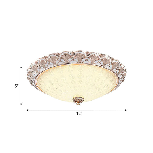 Traditional White Glass LED Flush Mount with Carved Trim – Bowl-Shaped Bedroom Beige Flushmount
