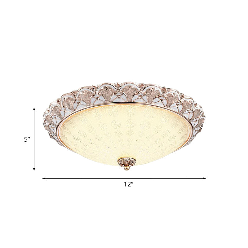 Traditional White Glass Led Flush Mount With Carved Trim Bowl-Shaped Bedroom Beige Flushmount