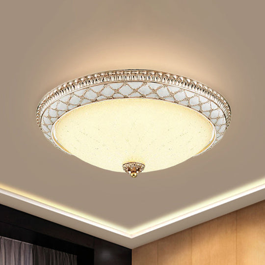 Traditional White Glass LED Flush Mount with Carved Trim – Bowl-Shaped Bedroom Beige Flushmount