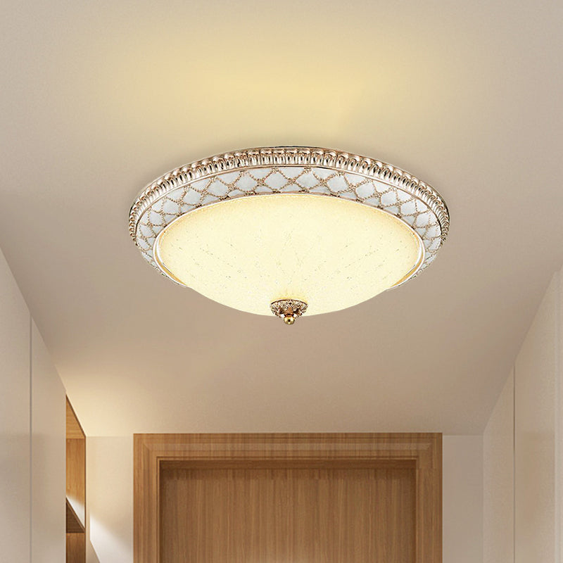 Traditional White Glass Led Flush Mount With Carved Trim Bowl-Shaped Bedroom Beige Flushmount