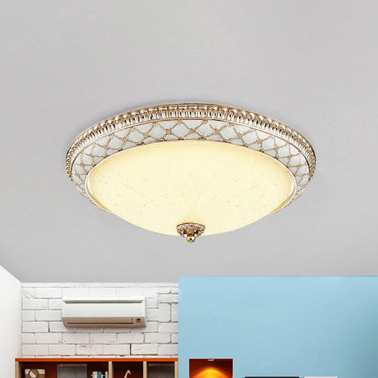 Traditional White Glass LED Flush Mount with Carved Trim – Bowl-Shaped Bedroom Beige Flushmount