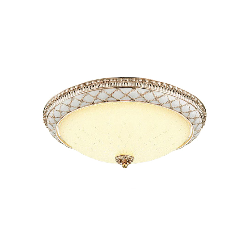 Traditional White Glass LED Flush Mount with Carved Trim – Bowl-Shaped Bedroom Beige Flushmount