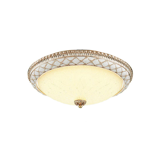 Traditional White Glass LED Flush Mount with Carved Trim – Bowl-Shaped Bedroom Beige Flushmount