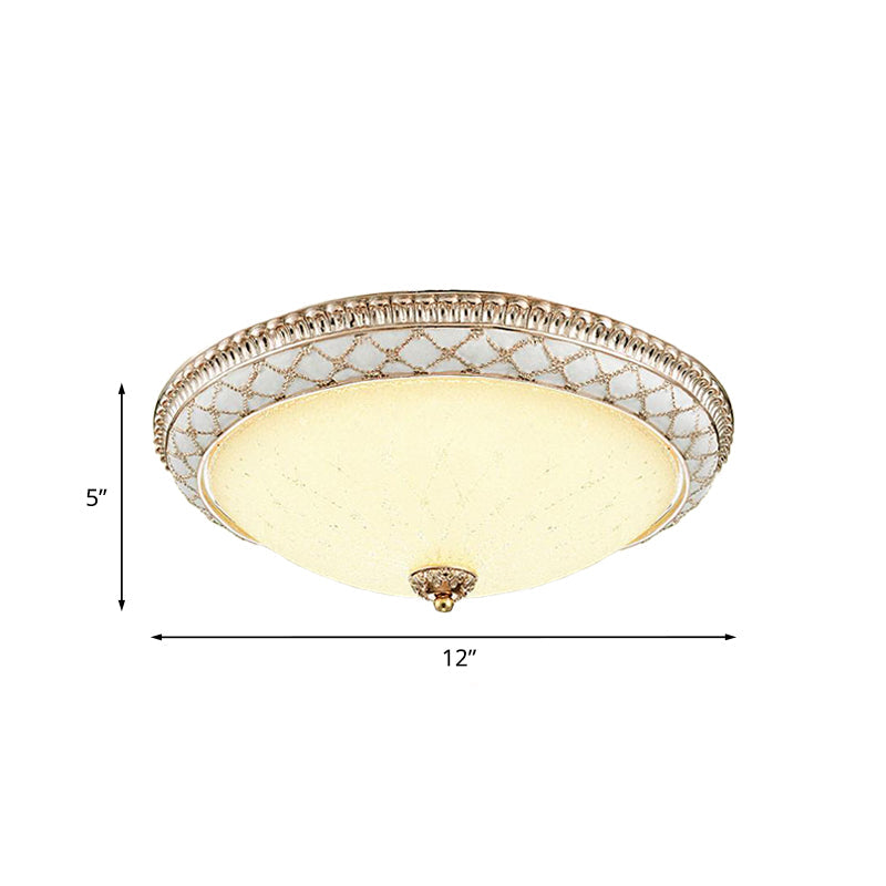 Traditional White Glass Led Flush Mount With Carved Trim Bowl-Shaped Bedroom Beige Flushmount