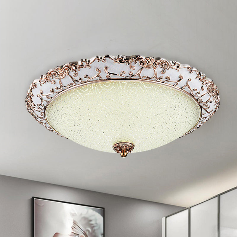 Traditional White Glass LED Flush Mount with Carved Trim – Bowl-Shaped Bedroom Beige Flushmount