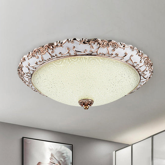 Traditional White Glass LED Flush Mount with Carved Trim – Bowl-Shaped Bedroom Beige Flushmount