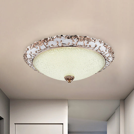 Traditional White Glass LED Flush Mount with Carved Trim – Bowl-Shaped Bedroom Beige Flushmount