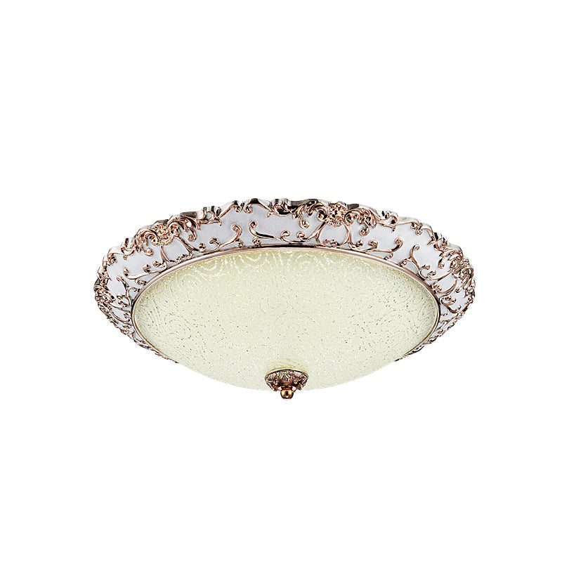 Traditional White Glass LED Flush Mount with Carved Trim – Bowl-Shaped Bedroom Beige Flushmount